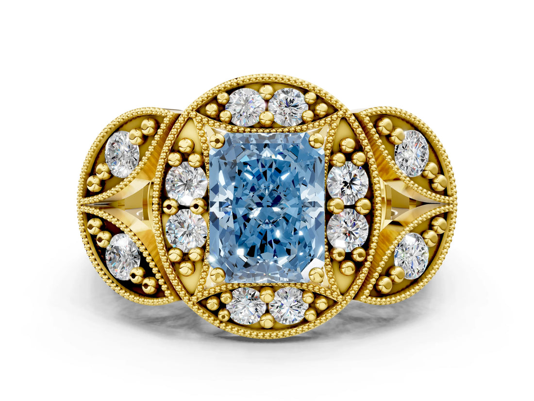 Yellow gold Fancy Blue Radiant Cut Halo Milgrain Diamond Engagement Ring with Leaf Band and Four-Prong Setting