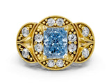 Yellow gold Fancy Blue Radiant Cut Halo Milgrain Diamond Engagement Ring with Leaf Band and Four-Prong Setting