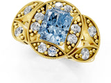 Yellow gold Fancy Blue Radiant Cut Halo Milgrain Diamond Engagement Ring with Leaf Band and Four-Prong Setting_1