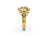 Yellow gold Fancy Blue Radiant Cut Halo Milgrain Diamond Engagement Ring with Leaf Band and Four-Prong Setting_2