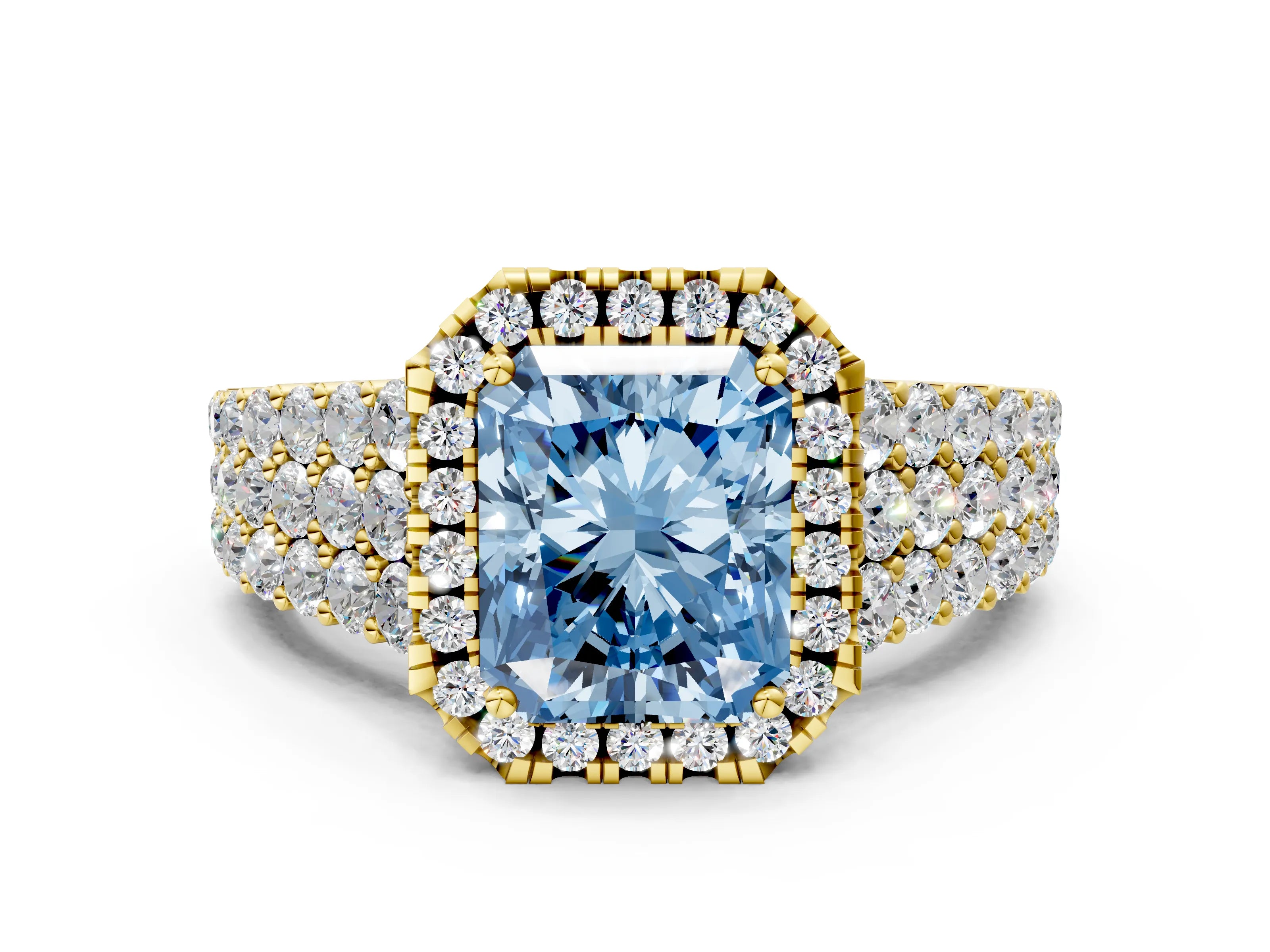 Yellow gold Fancy Blue Radiant Cut Halo Pavé Diamond Engagement Ring with Split Shank and Four-Prong Setting_3