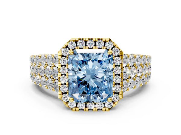 Yellow gold Fancy Blue Radiant Cut Halo Pavé Diamond Engagement Ring with Split Shank and Four-Prong Setting