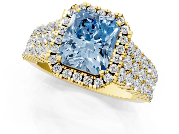 Yellow gold Fancy Blue Radiant Cut Halo Pavé Diamond Engagement Ring with Split Shank and Four-Prong Setting