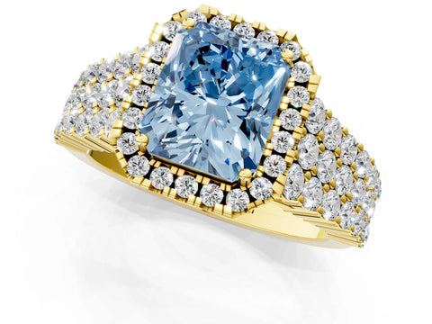 Yellow gold Fancy Blue Radiant Cut Halo Pavé Diamond Engagement Ring with Split Shank and Four-Prong Setting_4