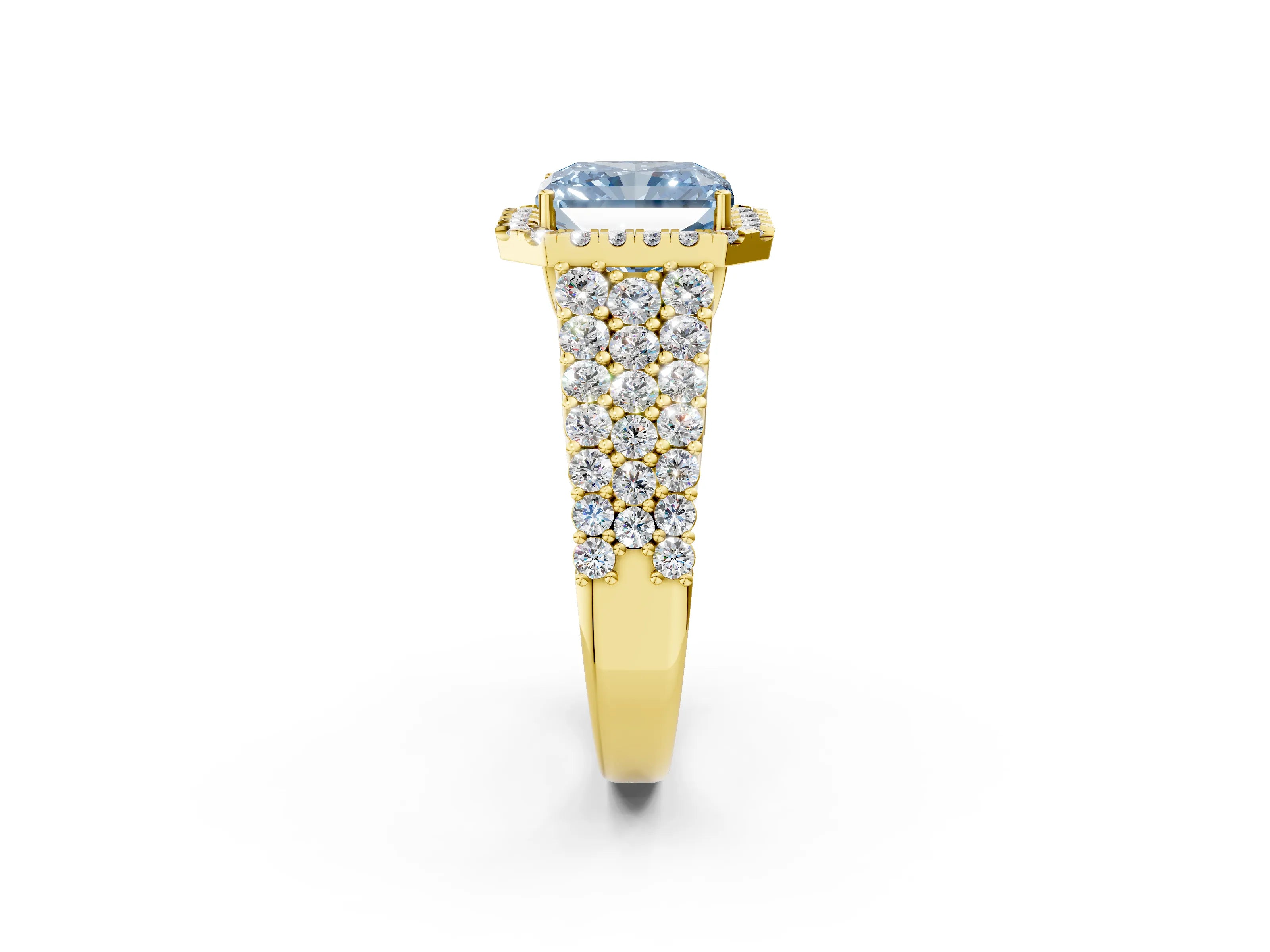 Yellow gold Fancy Blue Radiant Cut Halo Pavé Diamond Engagement Ring with Split Shank and Four-Prong Setting_5