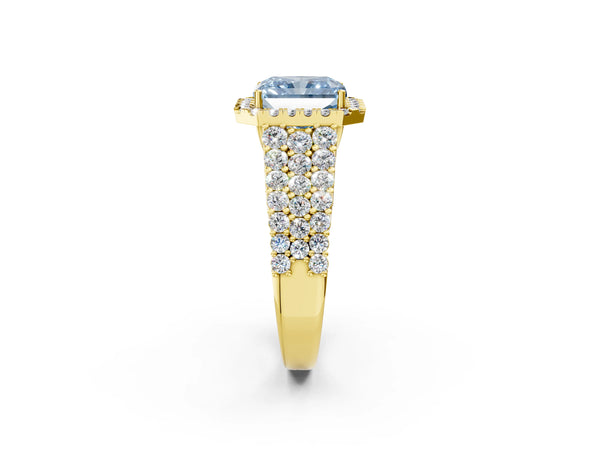 Yellow gold Fancy Blue Radiant Cut Halo Pavé Diamond Engagement Ring with Split Shank and Four-Prong Setting