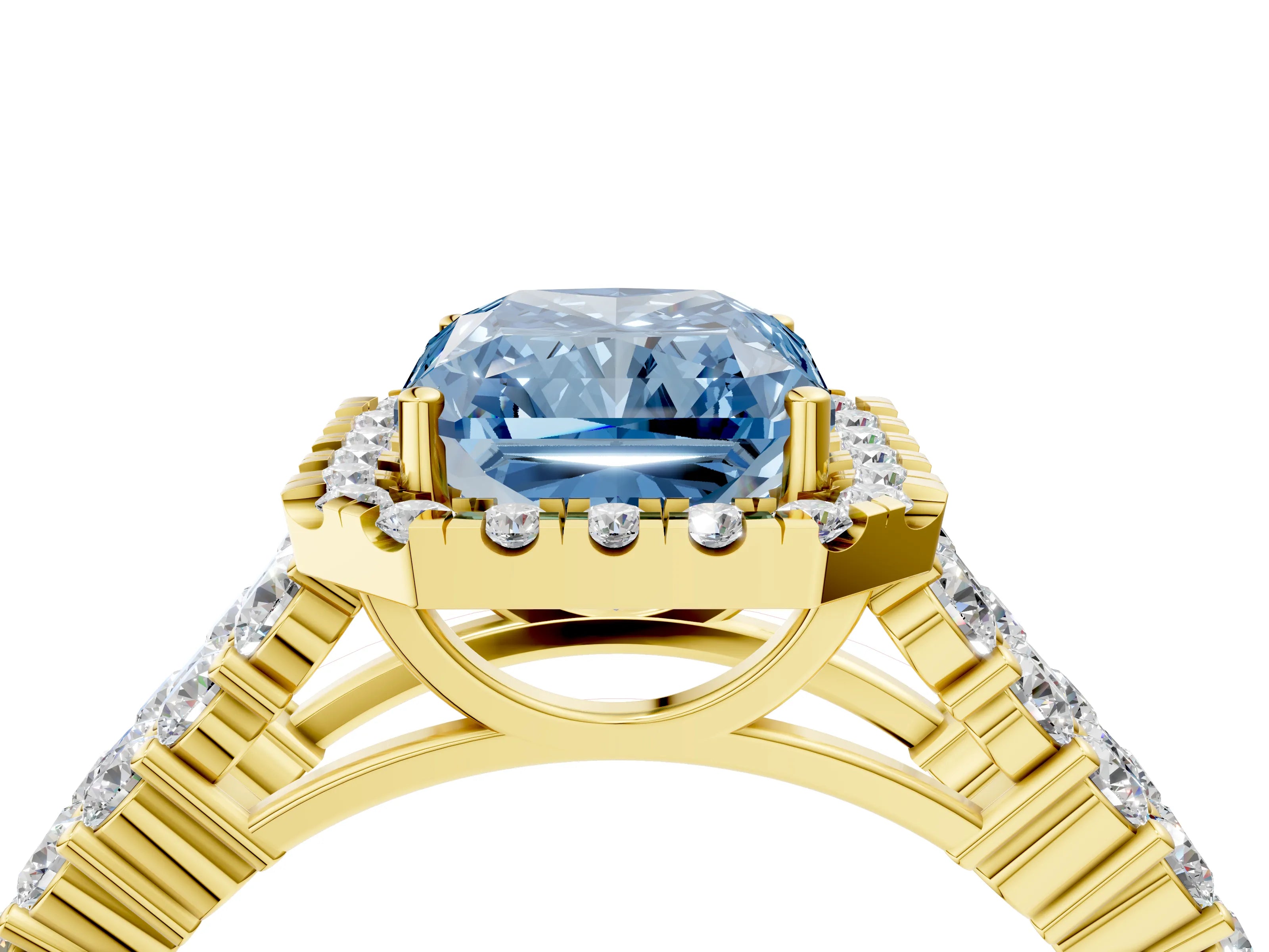 Yellow gold Fancy Blue Radiant Cut Halo Pavé Diamond Engagement Ring with Split Shank and Four-Prong Setting_7