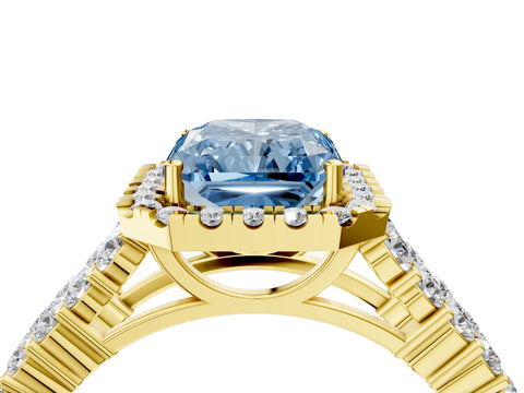 Yellow gold Fancy Blue Radiant Cut Halo Pavé Diamond Engagement Ring with Split Shank and Four-Prong Setting_7