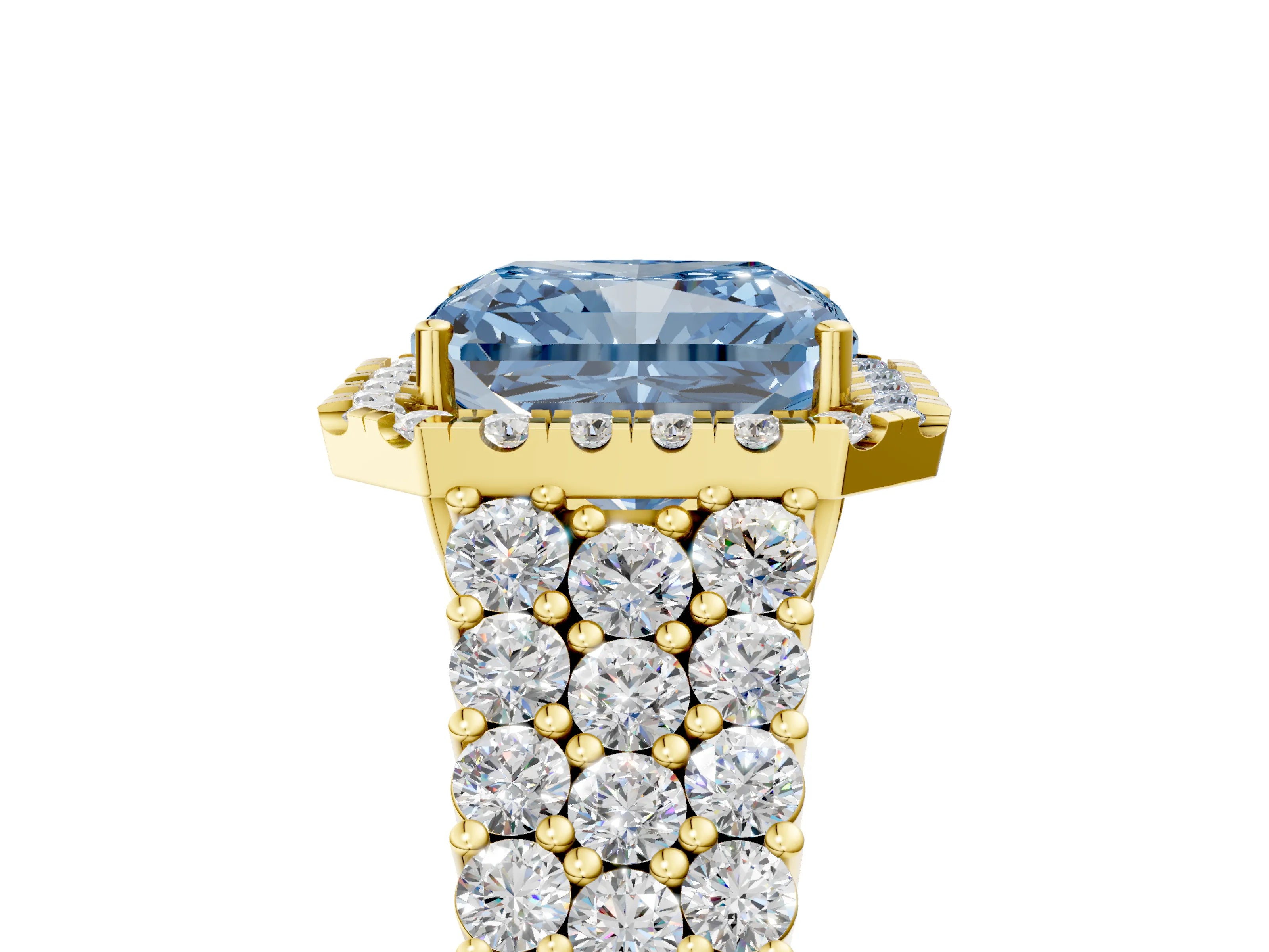Yellow gold Fancy Blue Radiant Cut Halo Pavé Diamond Engagement Ring with Split Shank and Four-Prong Setting_8