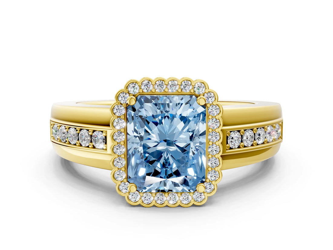 Yellow gold Fancy Blue Radiant  Cut Halo Pave Band Four-Prong Ring_48