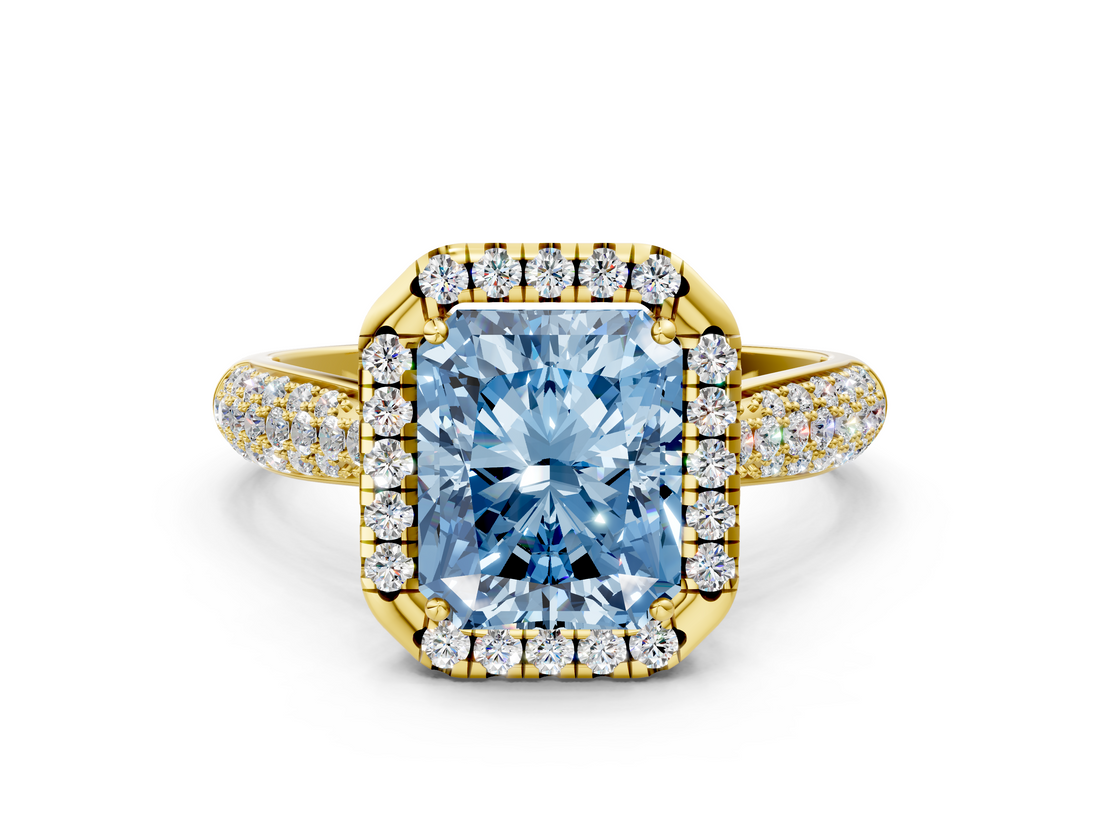 Yellow gold Fancy Blue Radiant  Cut Halo Pave Band Four-Prong Setting Ring_20