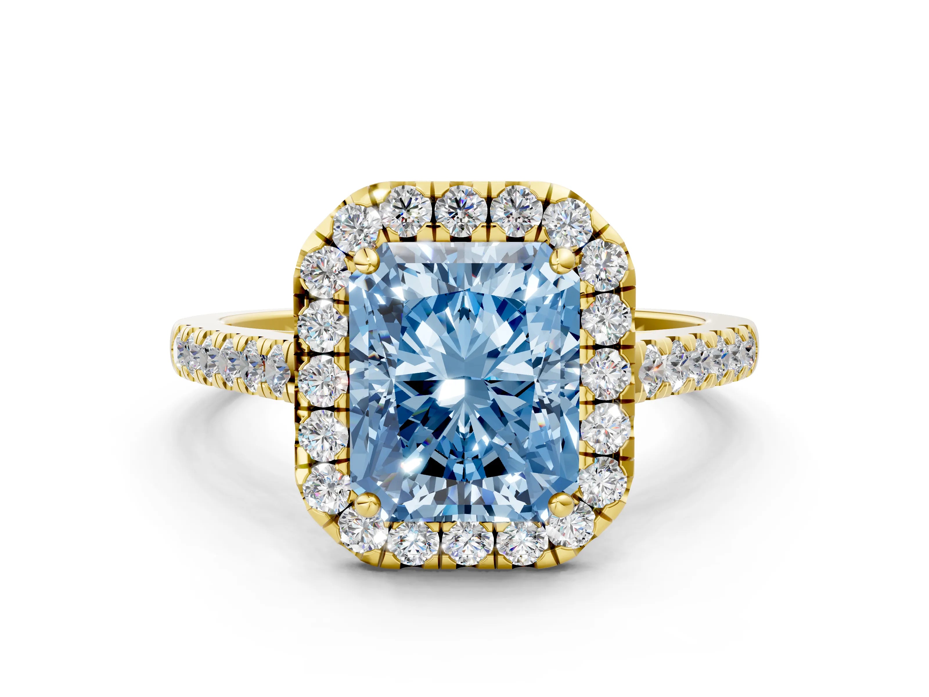Yellow gold Fancy Blue Radiant Cut Halo Pave Diamond Engagement Ring with Four-Prong Setting