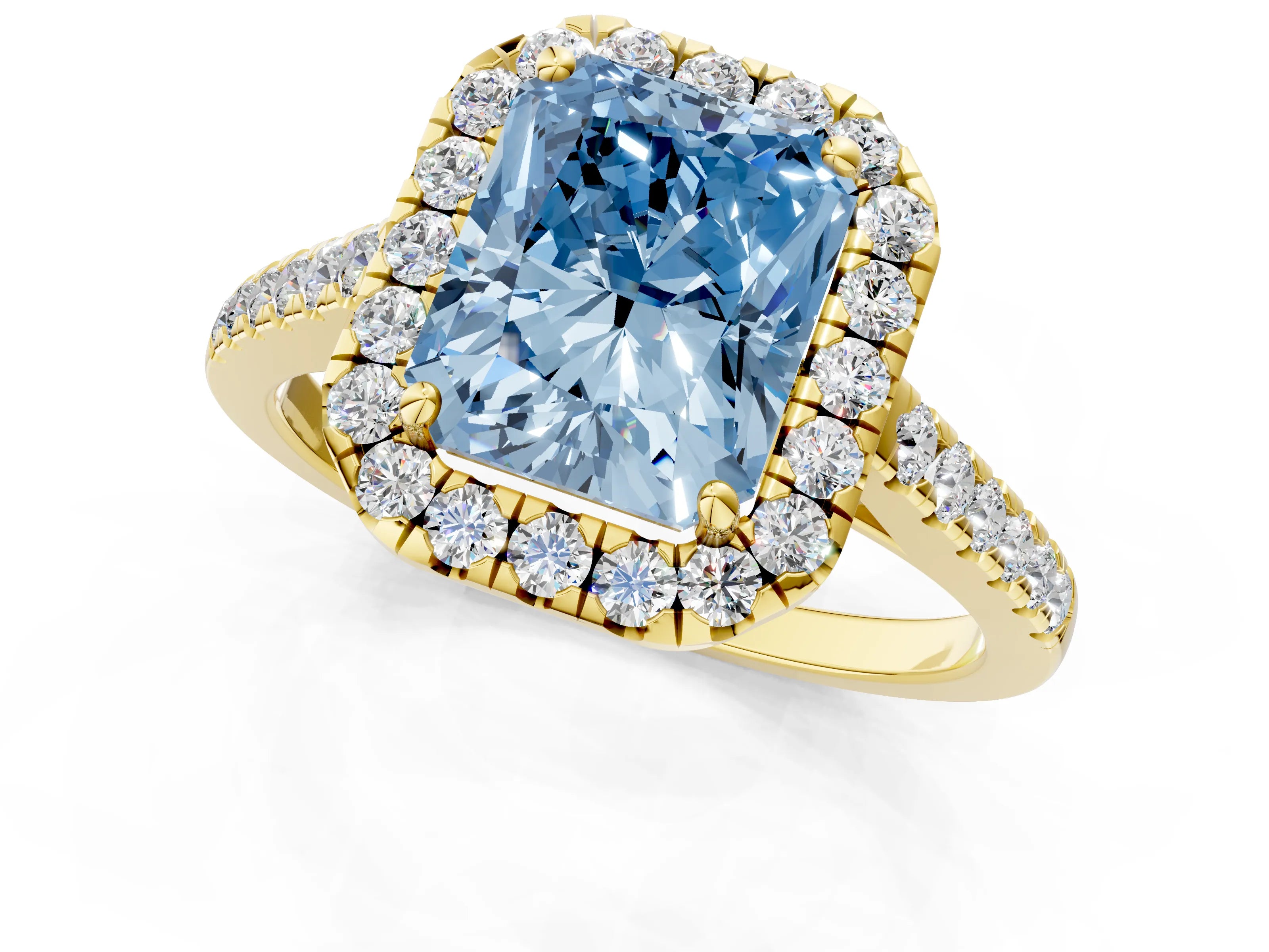 Yellow gold Fancy Blue Radiant Cut Halo Pave Diamond Engagement Ring with Four-Prong Setting_1
