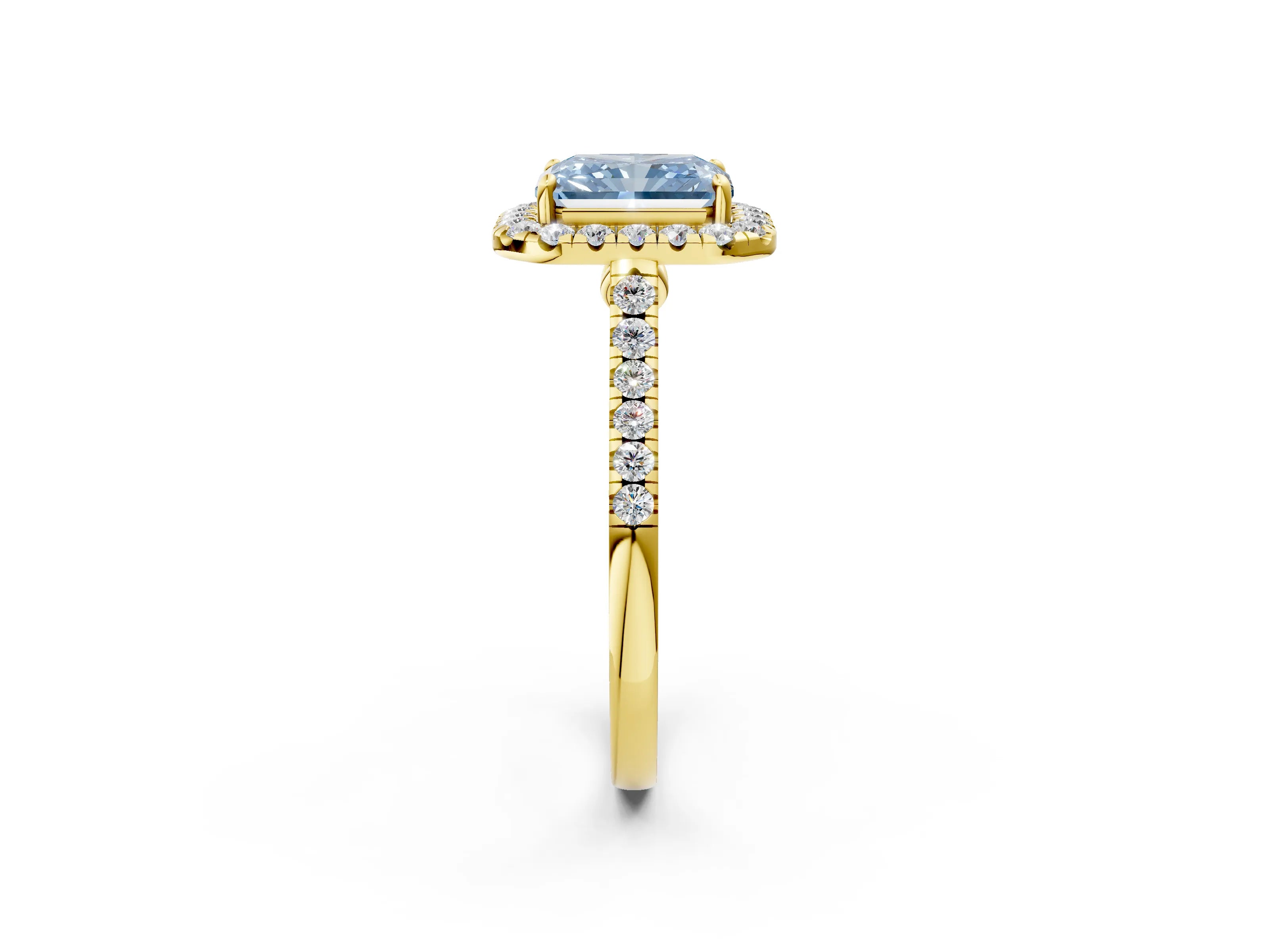 Yellow gold Fancy Blue Radiant Cut Halo Pave Diamond Engagement Ring with Four-Prong Setting_2