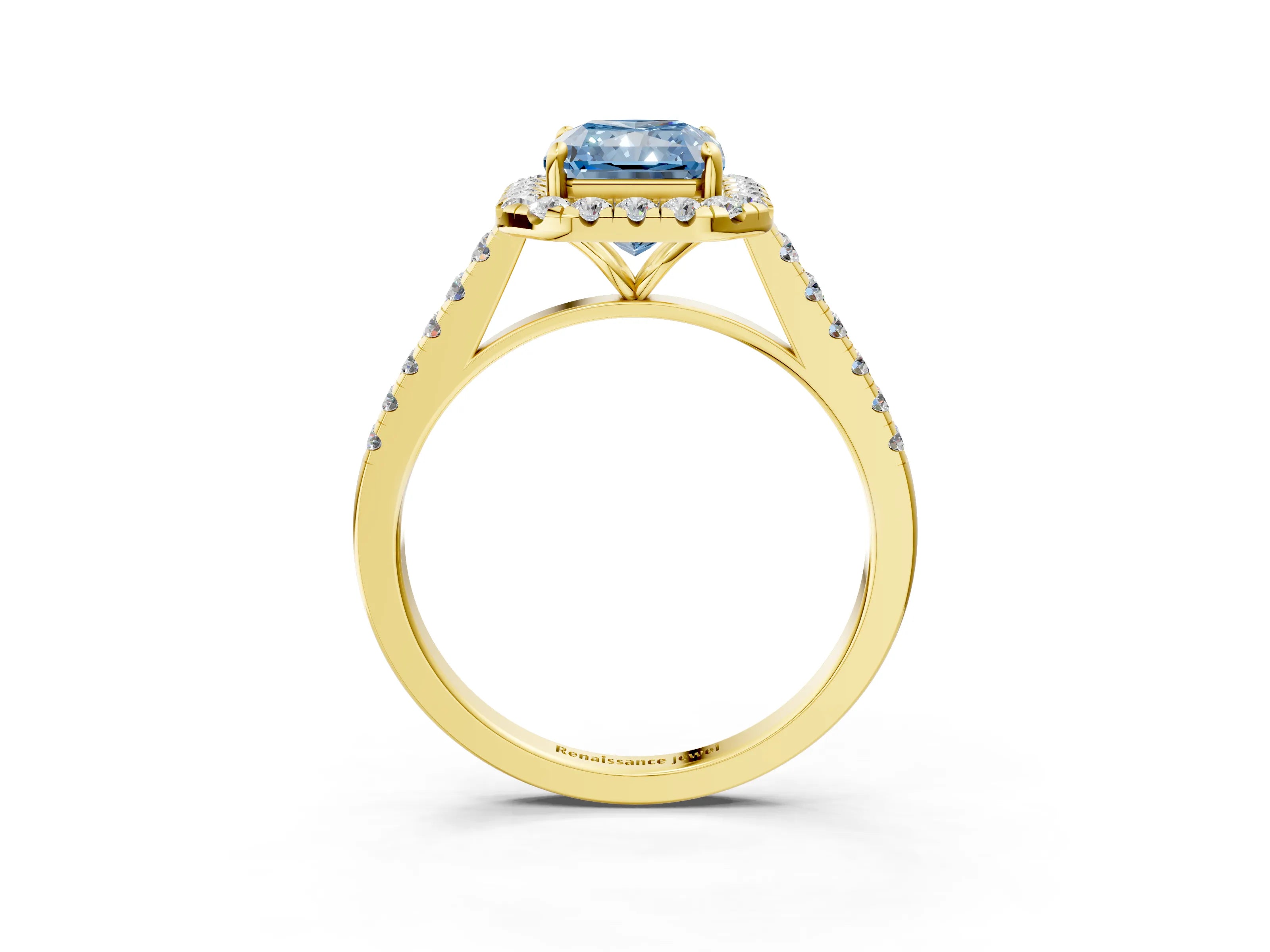 Yellow gold Fancy Blue Radiant Cut Halo Pave Diamond Engagement Ring with Four-Prong Setting_3