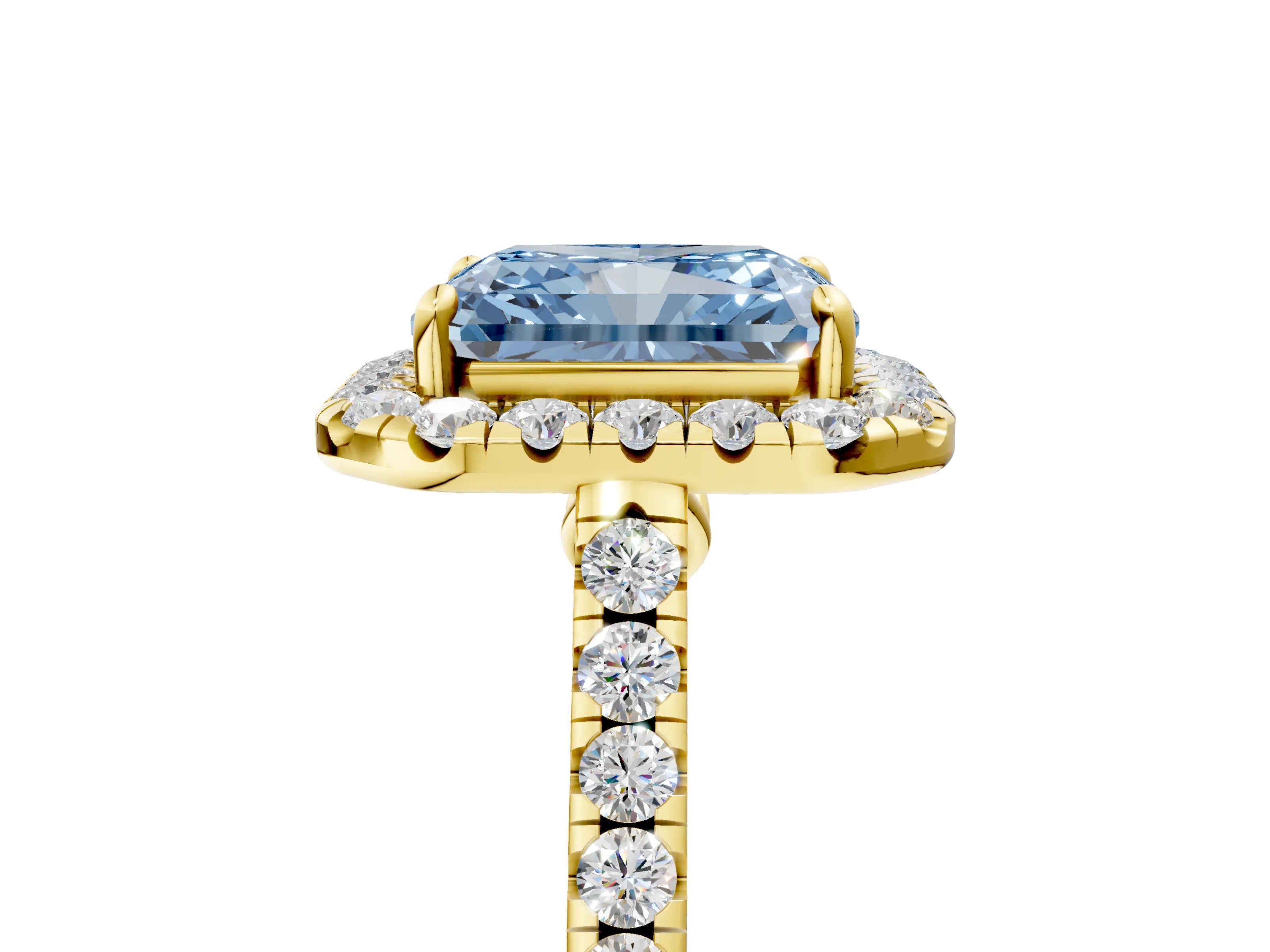 Yellow gold Fancy Blue Radiant Cut Halo Pave Diamond Engagement Ring with Four-Prong Setting_5