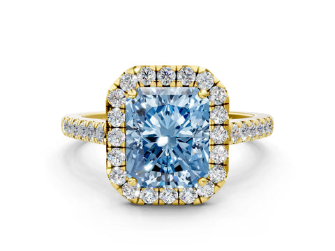Yellow gold Fancy Blue Radiant Cut Halo Pave Diamond Engagement Ring with Four-Prong Setting