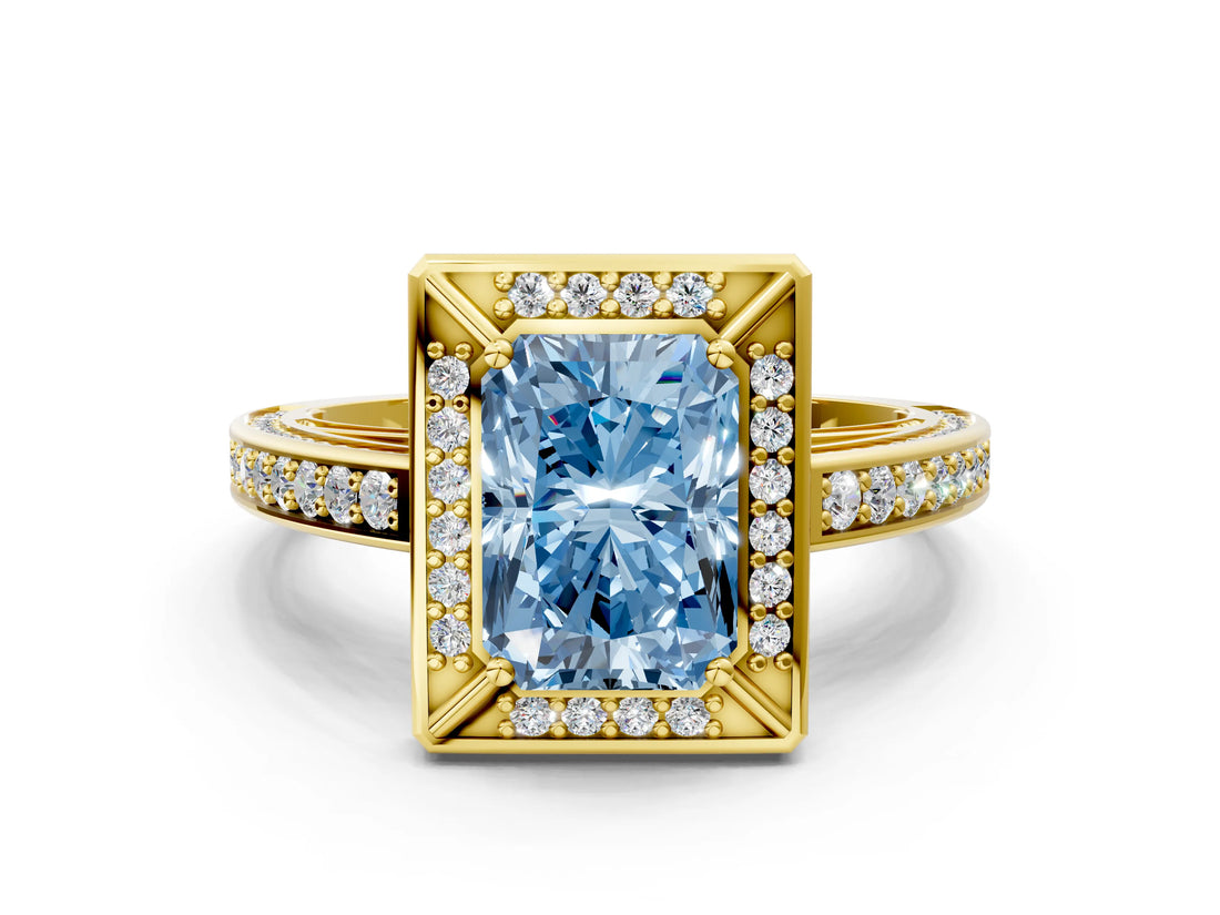 Yellow gold Fancy Blue Radiant  Cut Halo Pave Split Shank Prong Setting Ring_32