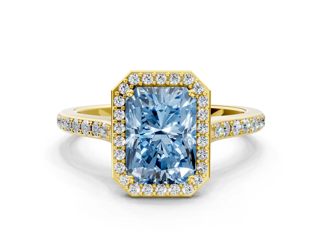 Yellow gold Fancy Blue Radiant Cut Halo Round Diamond Pavé Band with Four-Prong Setting_3