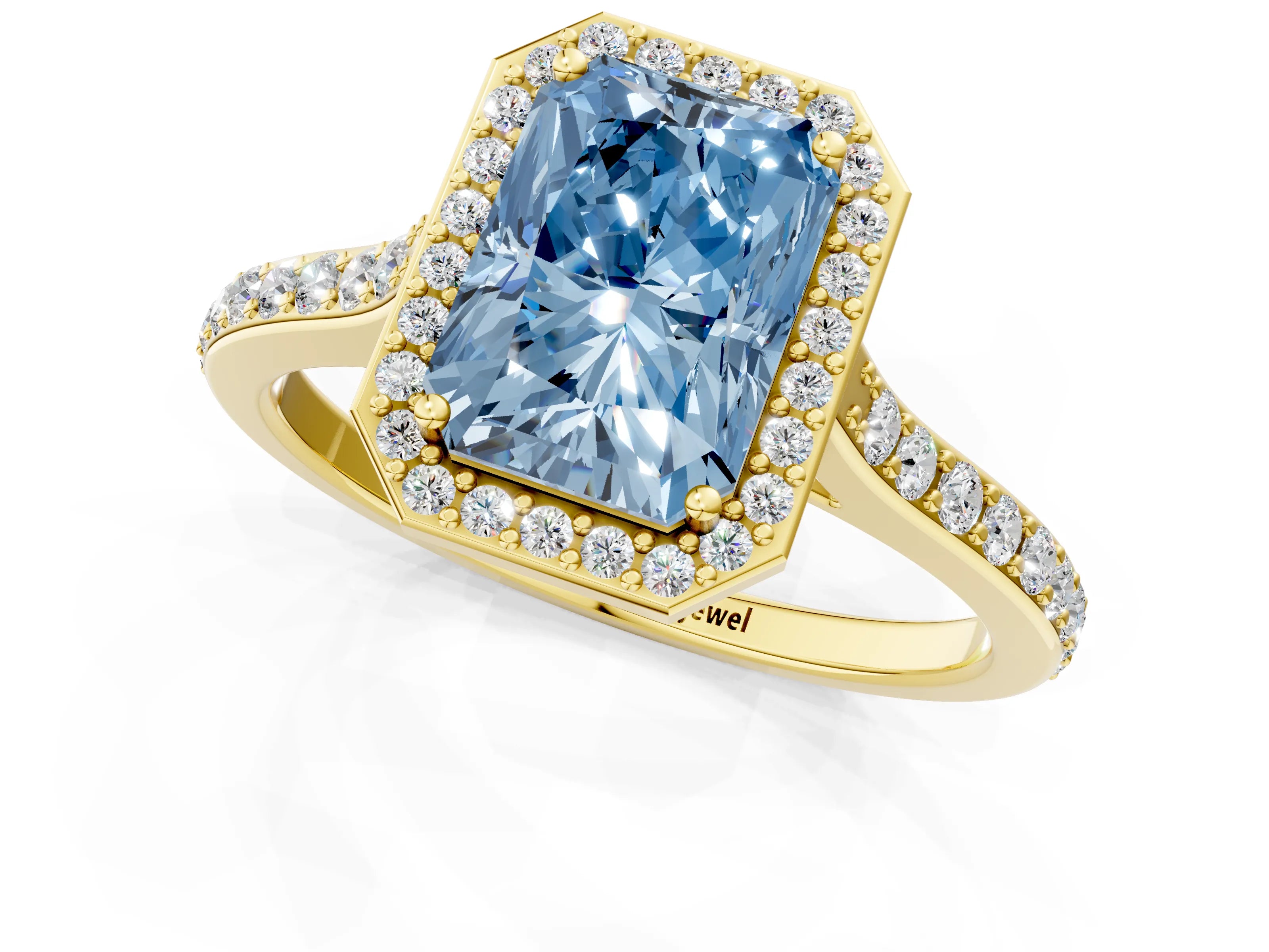 Yellow gold Fancy Blue Radiant Cut Halo Round Diamond Pavé Band with Four-Prong Setting_4