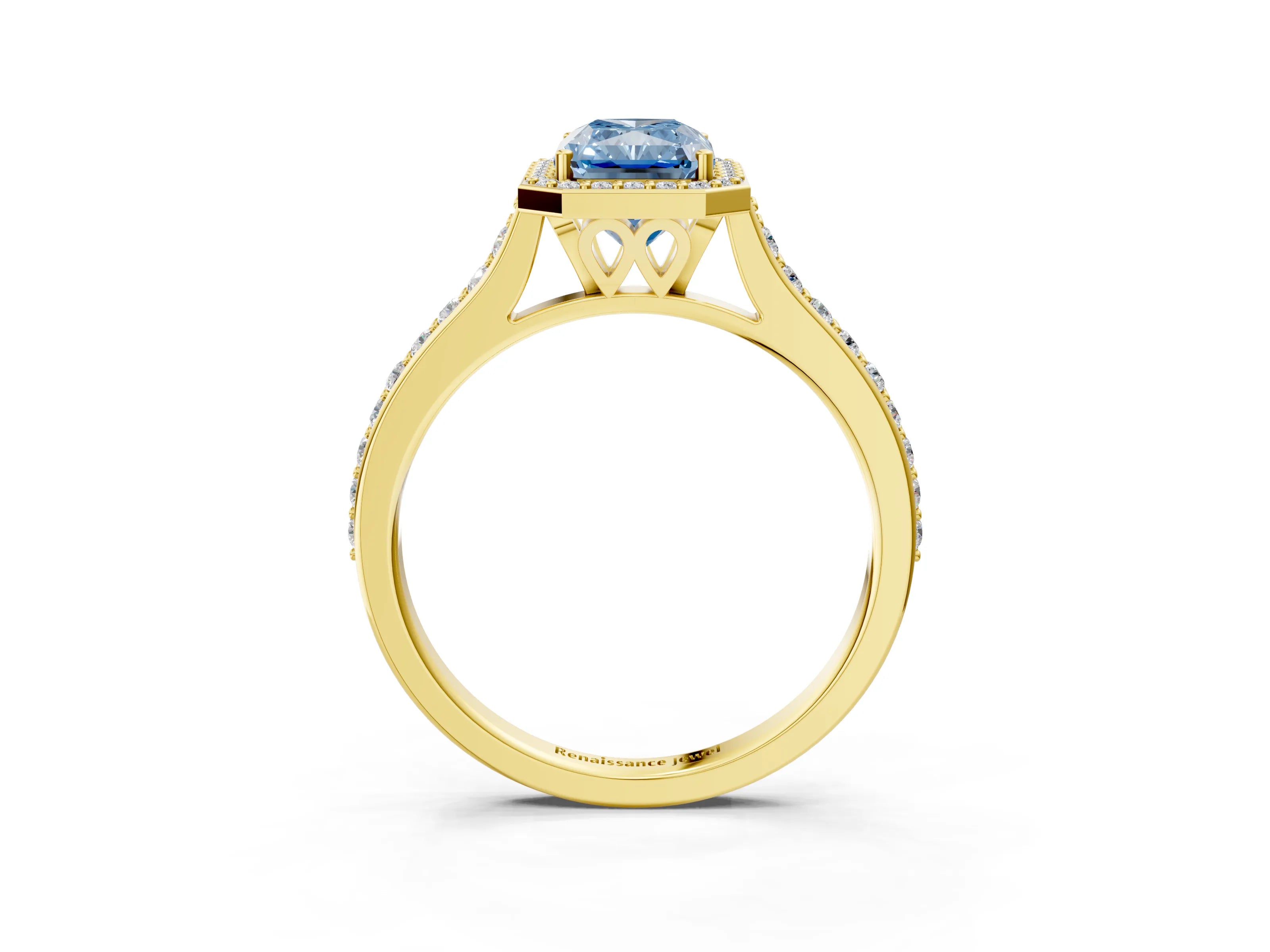 Yellow gold Fancy Blue Radiant Cut Halo Round Diamond Pavé Band with Four-Prong Setting_6