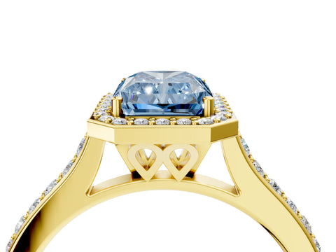 Yellow gold Fancy Blue Radiant Cut Halo Round Diamond Pavé Band with Four-Prong Setting_7