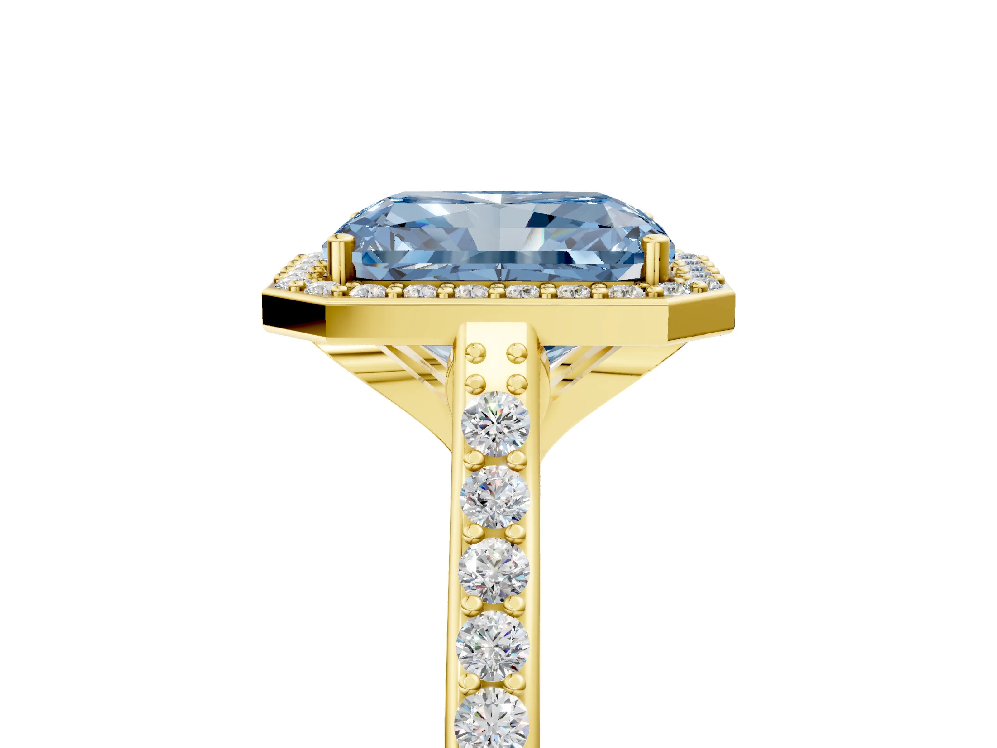 Yellow gold Fancy Blue Radiant Cut Halo Round Diamond Pavé Band with Four-Prong Setting_8