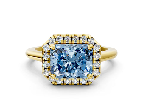 Yellow gold Fancy Blue Radiant Cut Halo Round Diamond Solitaire Engagement Ring with Pave Band and Four-Prong Setting_12