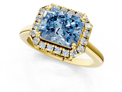 Yellow gold Fancy Blue Radiant Cut Halo Round Diamond Solitaire Engagement Ring with Pave Band and Four-Prong Setting_13