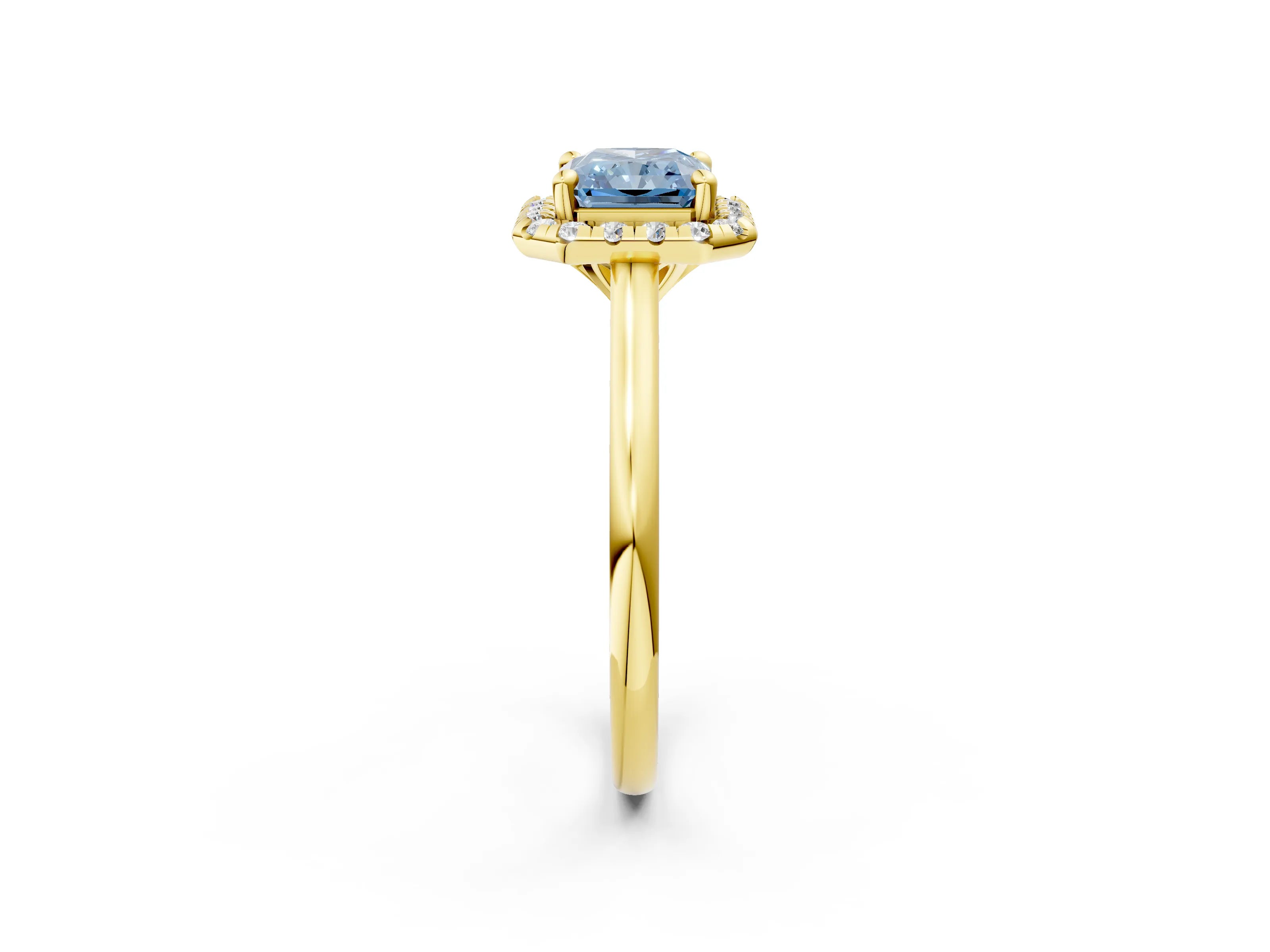 Yellow gold Fancy Blue Radiant Cut Halo Round Diamond Solitaire Engagement Ring with Pave Band and Four-Prong Setting_14