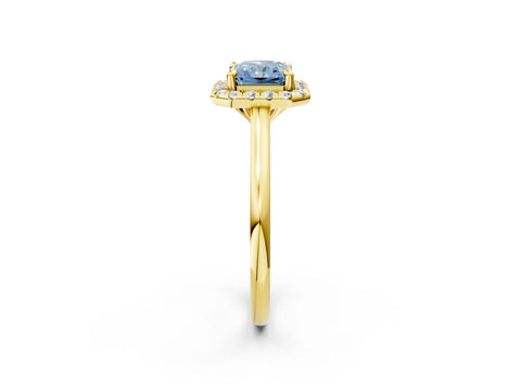 Yellow gold Fancy Blue Radiant Cut Halo Round Diamond Solitaire Engagement Ring with Pave Band and Four-Prong Setting_14