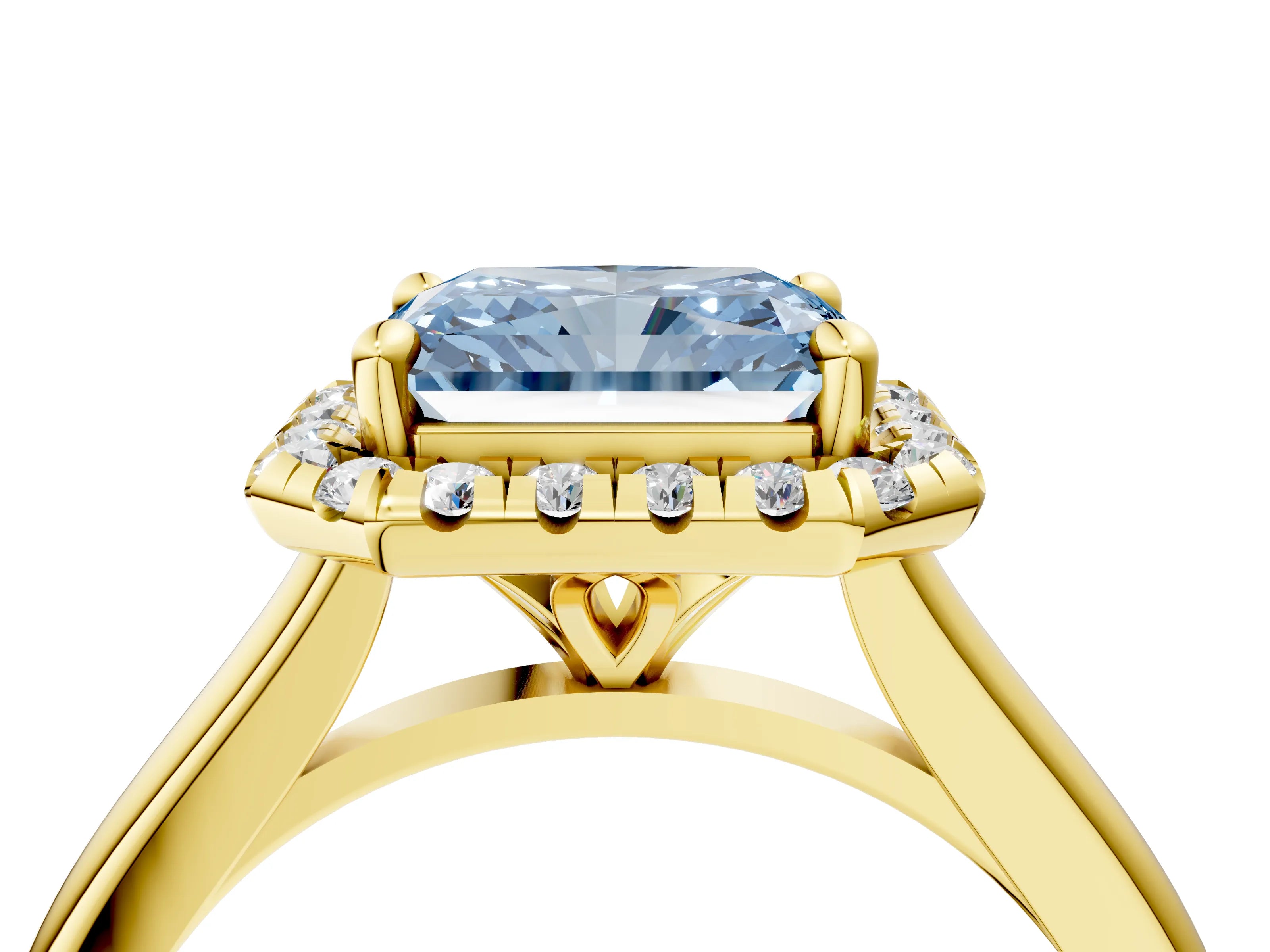 Yellow gold Fancy Blue Radiant Cut Halo Round Diamond Solitaire Engagement Ring with Pave Band and Four-Prong Setting_16