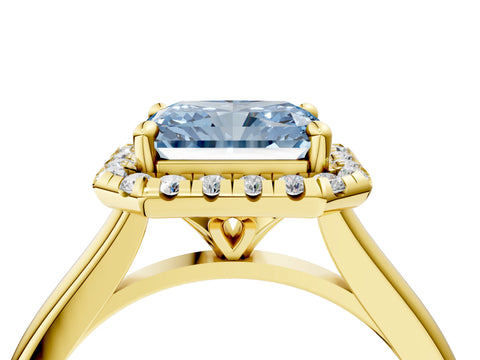 Yellow gold Fancy Blue Radiant Cut Halo Round Diamond Solitaire Engagement Ring with Pave Band and Four-Prong Setting_16