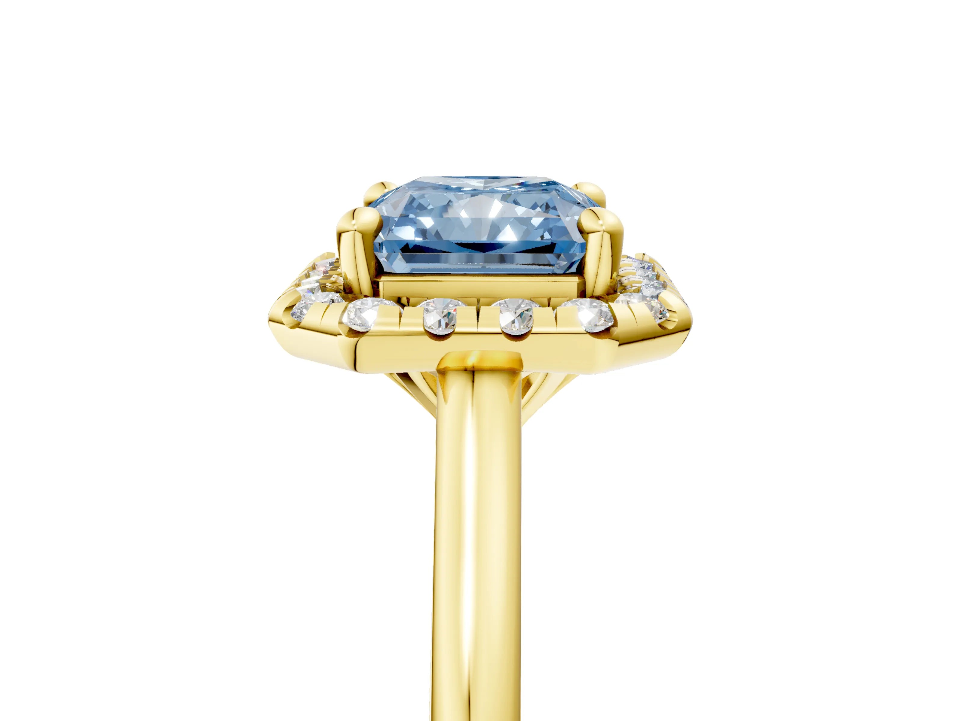 Yellow gold Fancy Blue Radiant Cut Halo Round Diamond Solitaire Engagement Ring with Pave Band and Four-Prong Setting_17