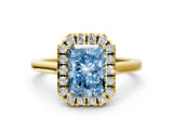 Yellow gold Fancy Blue Radiant Cut Halo Round Diamond Solitaire Ring with Pavé Band and Four-Prong Setting
