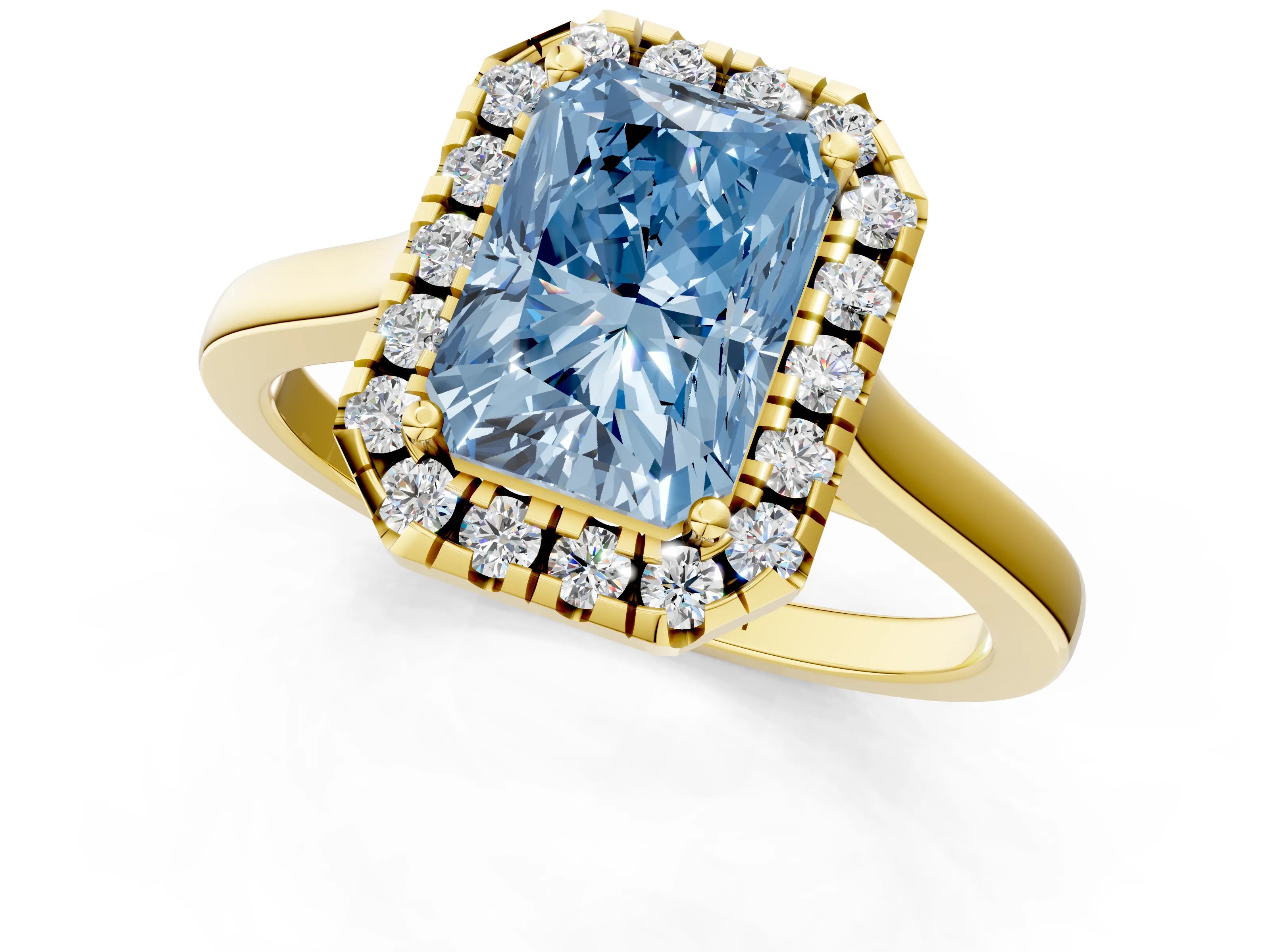 Yellow gold Fancy Blue Radiant Cut Halo Round Diamond Solitaire Ring with Pavé Band and Four-Prong Setting_1