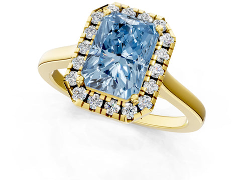 Yellow gold Fancy Blue Radiant Cut Halo Round Diamond Solitaire Ring with Pavé Band and Four-Prong Setting_13