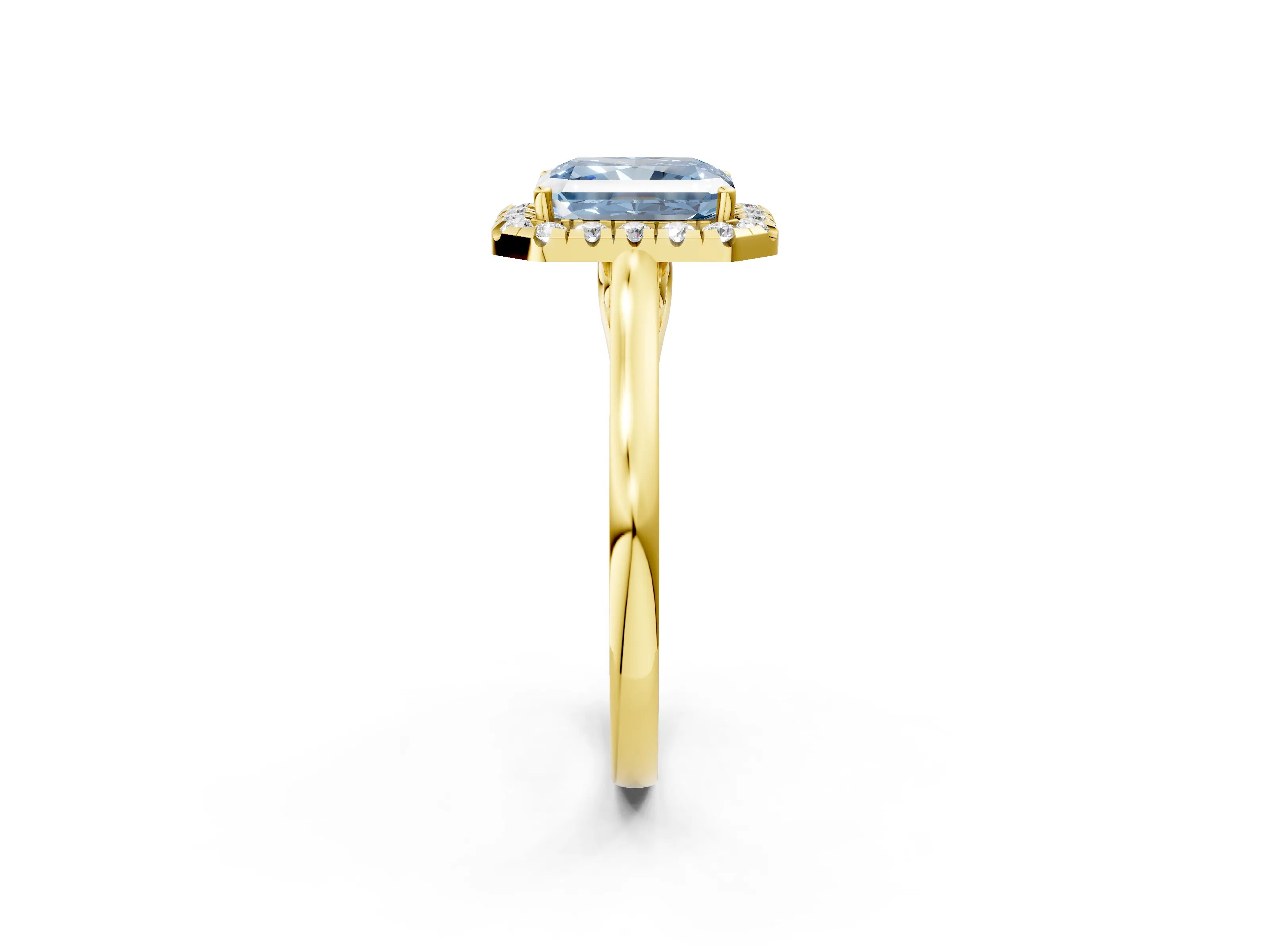 Yellow gold Fancy Blue Radiant Cut Halo Round Diamond Solitaire Ring with Pavé Band and Four-Prong Setting_14