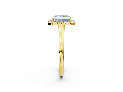 Yellow gold Fancy Blue Radiant Cut Halo Round Diamond Solitaire Ring with Pavé Band and Four-Prong Setting_14