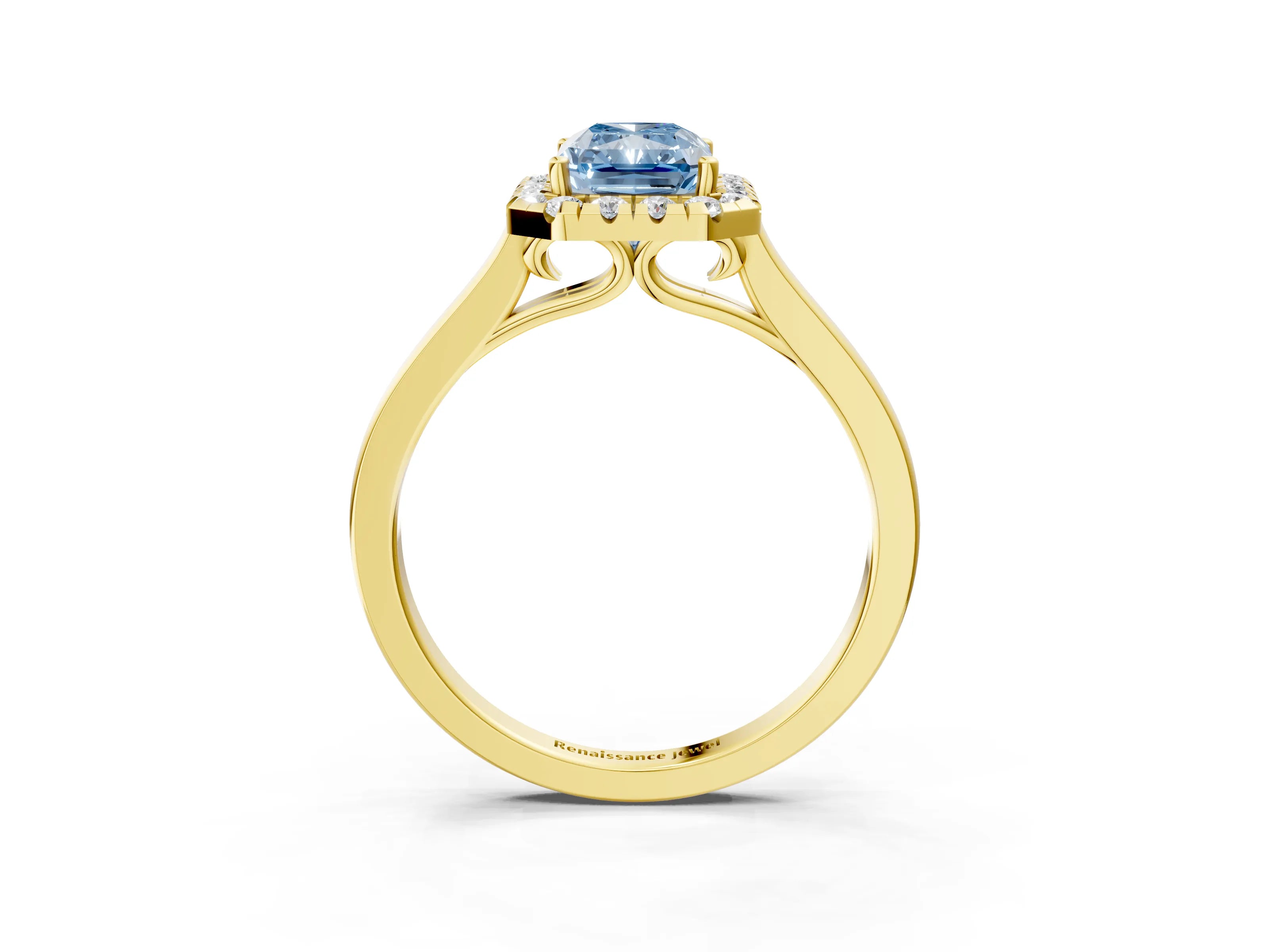 Yellow gold Fancy Blue Radiant Cut Halo Round Diamond Solitaire Ring with Pavé Band and Four-Prong Setting_15