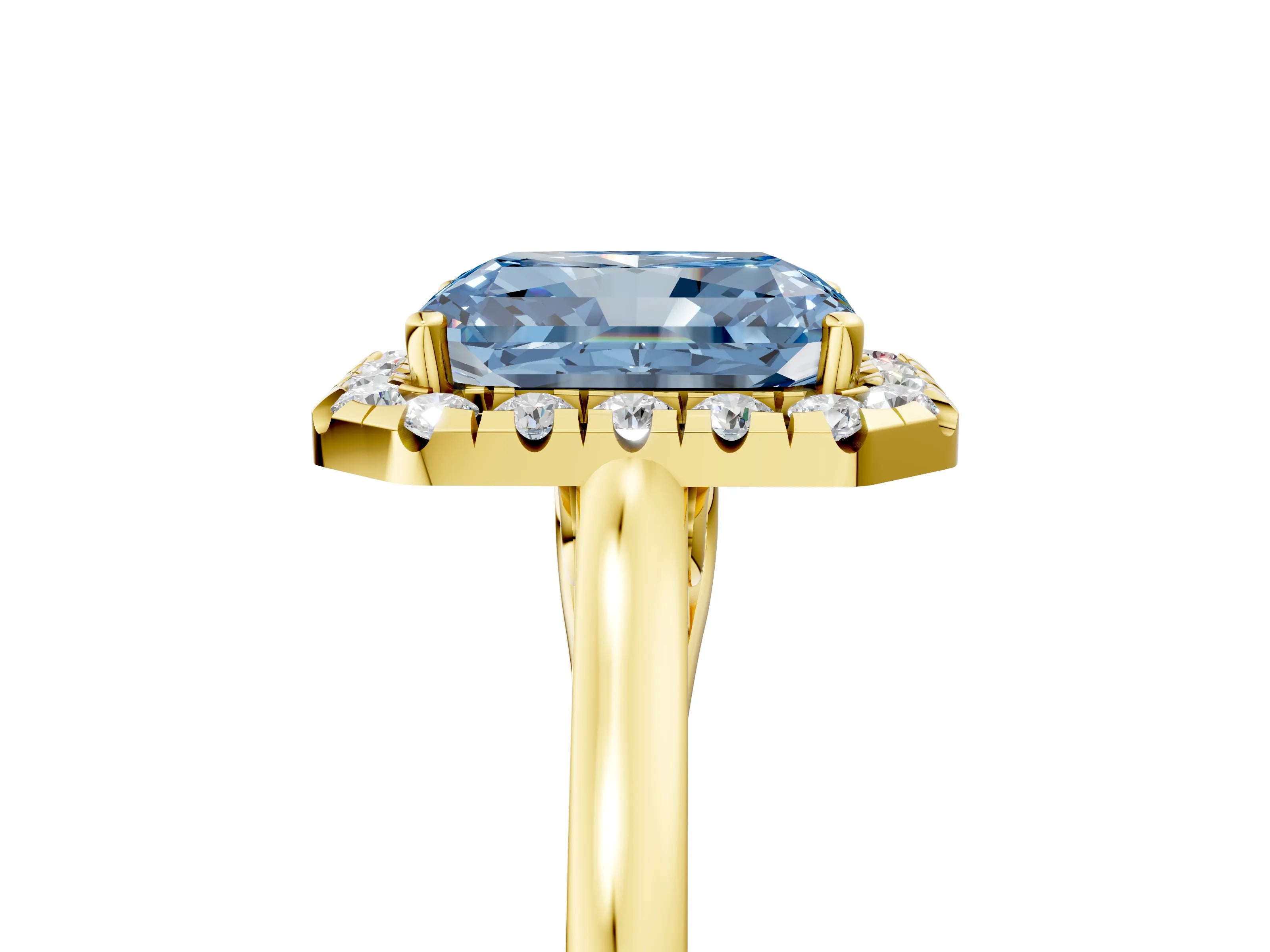 Yellow gold Fancy Blue Radiant Cut Halo Round Diamond Solitaire Ring with Pavé Band and Four-Prong Setting_17