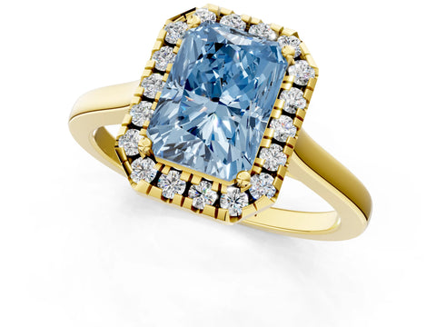 Yellow gold Fancy Blue Radiant Cut Halo Round Diamond Solitaire Ring with Pavé Band and Four-Prong Setting_1