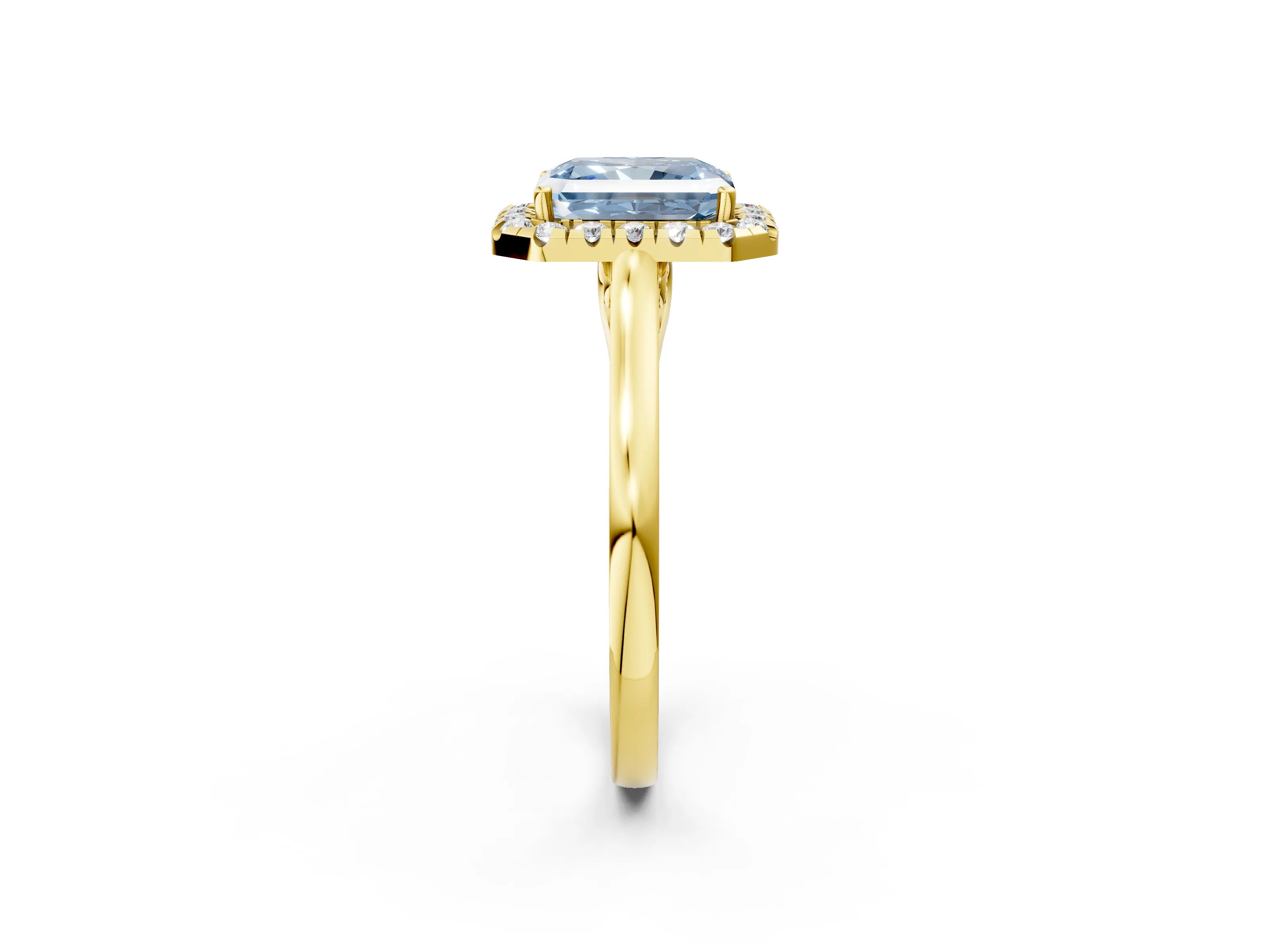 Yellow gold Fancy Blue Radiant Cut Halo Round Diamond Solitaire Ring with Pavé Band and Four-Prong Setting_2