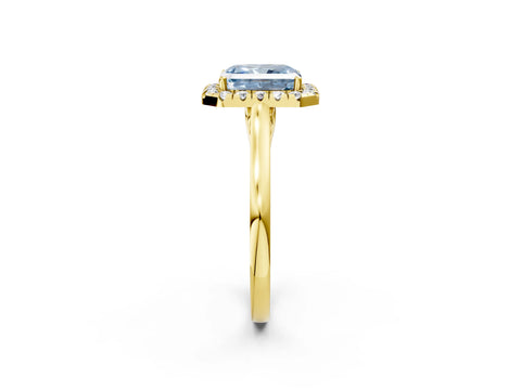 Yellow gold Fancy Blue Radiant Cut Halo Round Diamond Solitaire Ring with Pavé Band and Four-Prong Setting_2