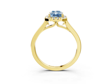 Yellow gold Fancy Blue Radiant Cut Halo Round Diamond Solitaire Ring with Pavé Band and Four-Prong Setting_3