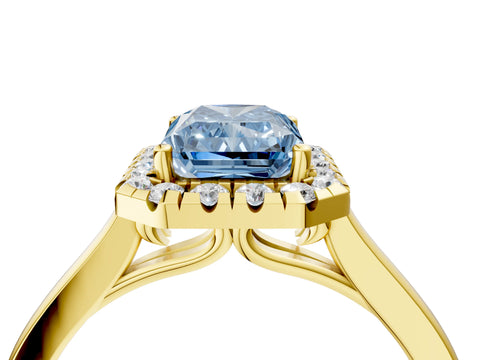 Yellow gold Fancy Blue Radiant Cut Halo Round Diamond Solitaire Ring with Pavé Band and Four-Prong Setting_4