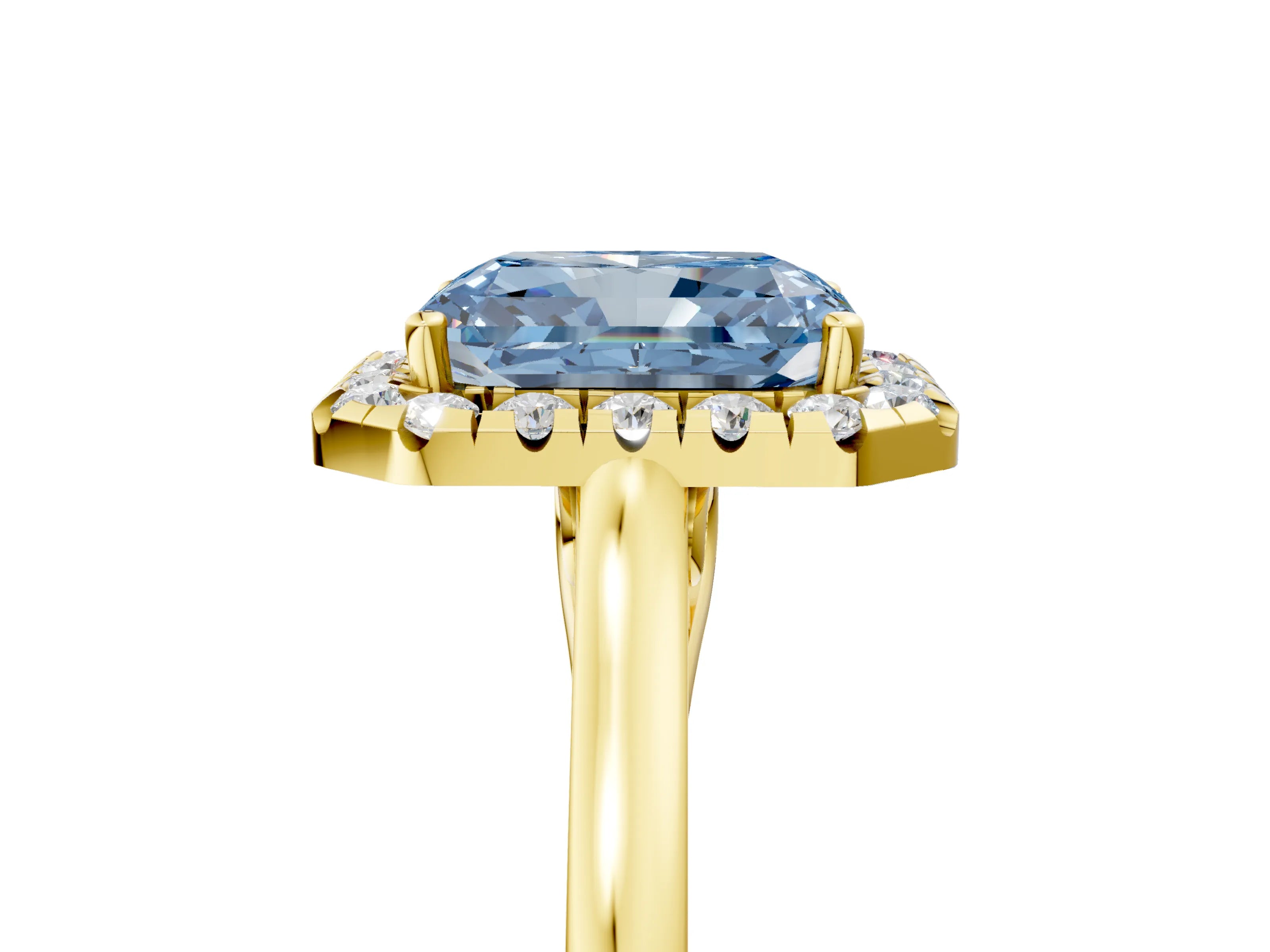 Yellow gold Fancy Blue Radiant Cut Halo Round Diamond Solitaire Ring with Pavé Band and Four-Prong Setting_5
