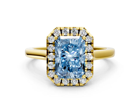 Yellow gold Fancy Blue Radiant Cut Halo Round Diamond Solitaire Ring with Pavé Band and Four-Prong Setting