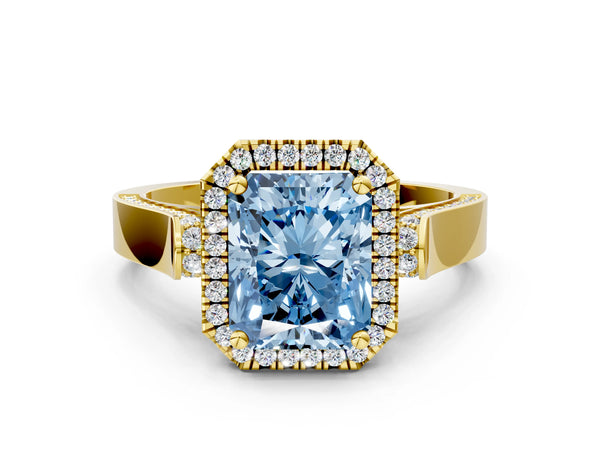 Yellow gold Fancy Blue Radiant Cut Halo Round Diamond Twist Band with Four-Prong Setting