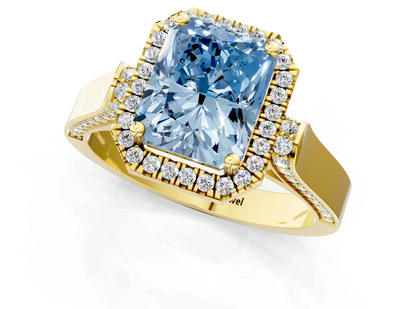 Yellow gold Fancy Blue Radiant Cut Halo Round Diamond Twist Band with Four-Prong Setting